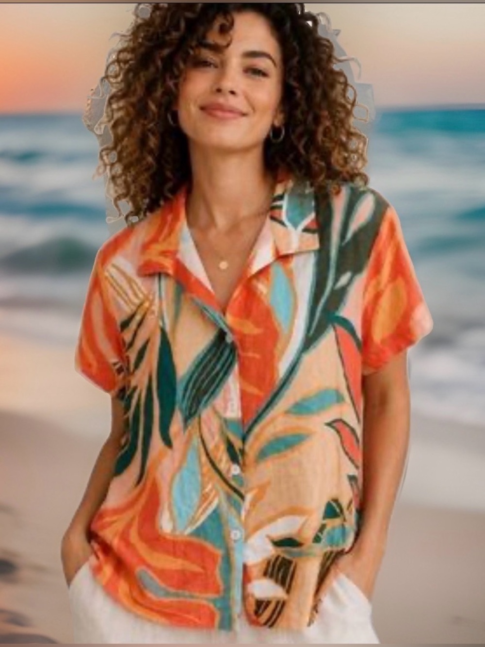 Vitamin A Linen Blend Button Up Shirt Women’s M Orange Tropical Beach Colorful